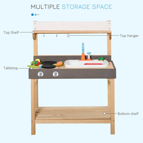 Outsunny Kids Kitchen, Playset Game With Sink, Running Water, Vegetable, Dish For 37 Years Old